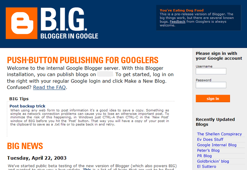 google blog. Blogger for Google by